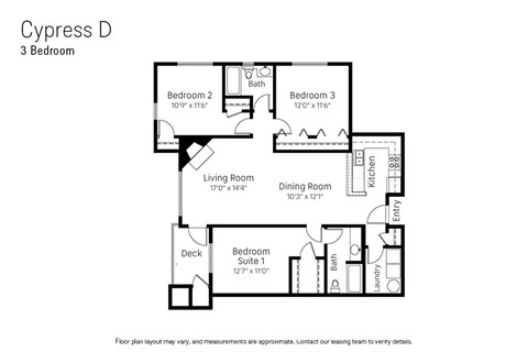 Floor plan for 3 beds, 2 baths, 1311 sqft